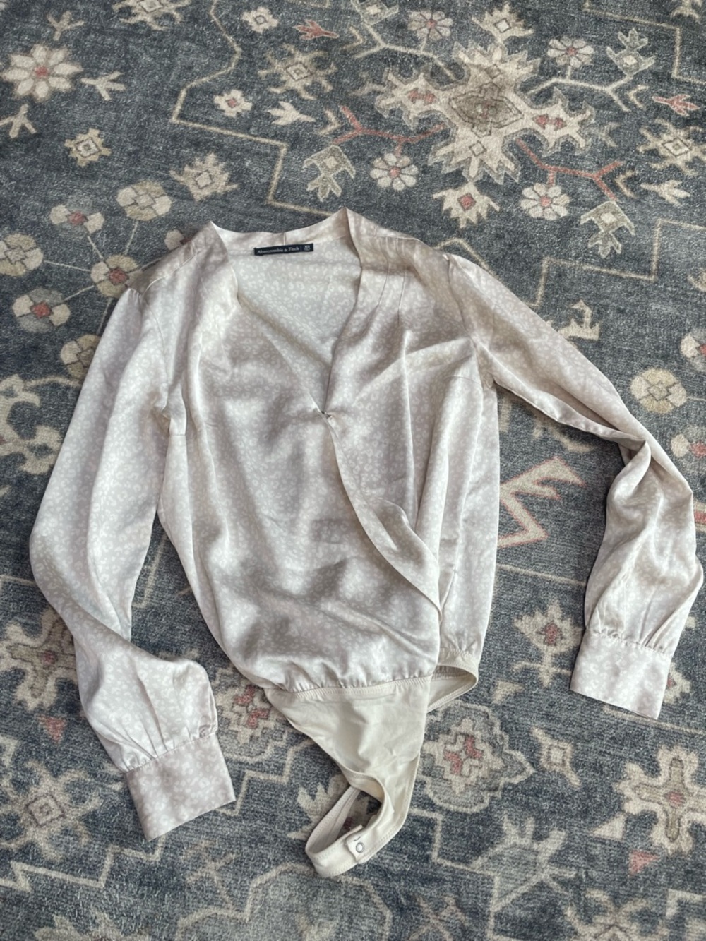 Abercrombie & Fitch Ivory Satin Wrap-Style Long Sleeve Bodysuit